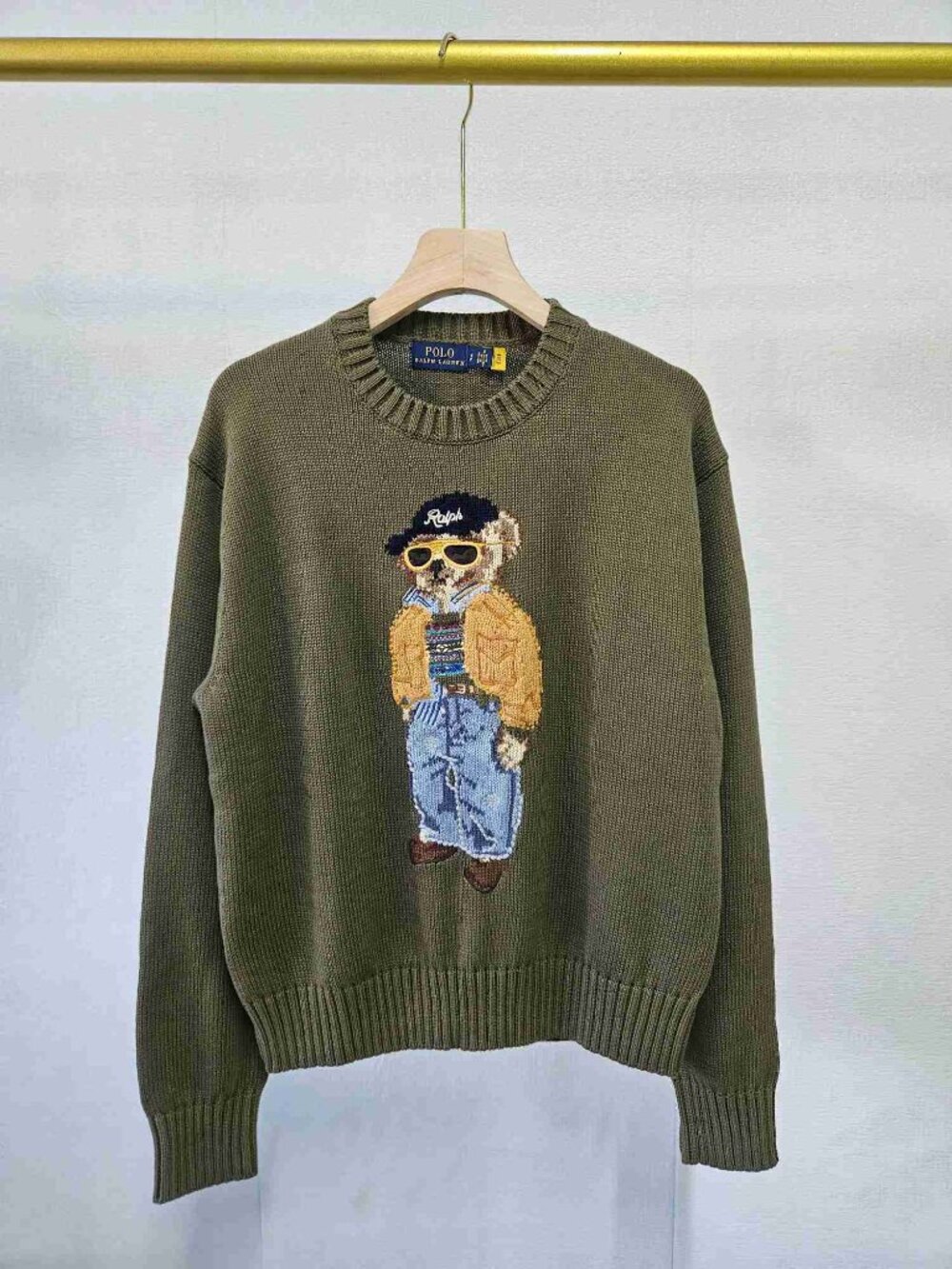 Polo Ralph Lauren Olive Green Cap Polo Bear Crewneck Knit Sweater